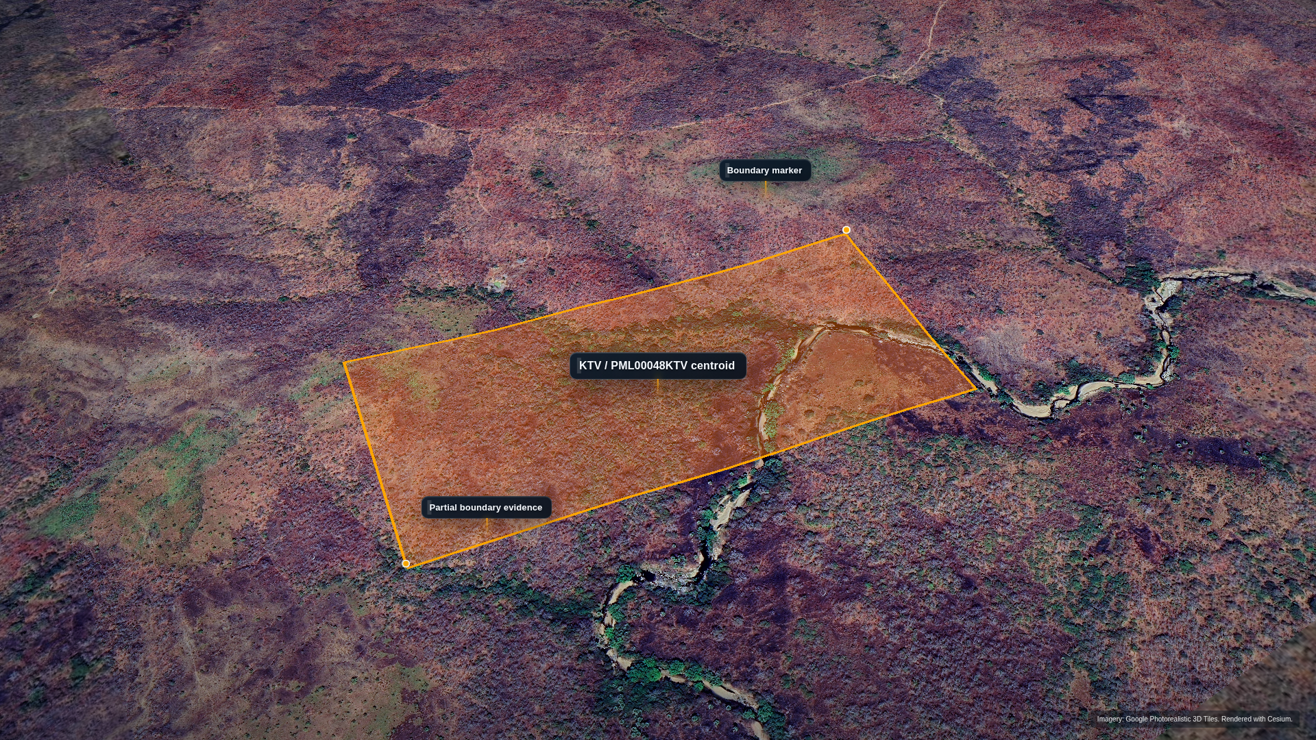 Mine-site lease outline over Sentinel imagery with partial-boundary-evidence caveat