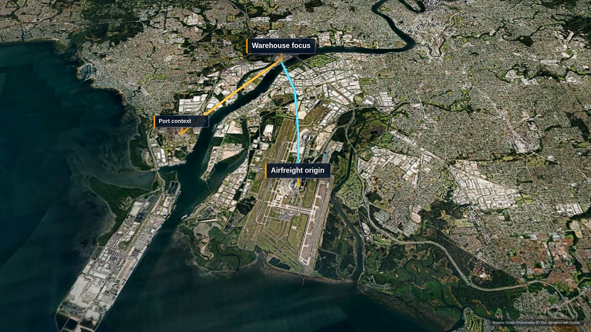 Corridor route flythrough still frame with route line and infrastructure labels